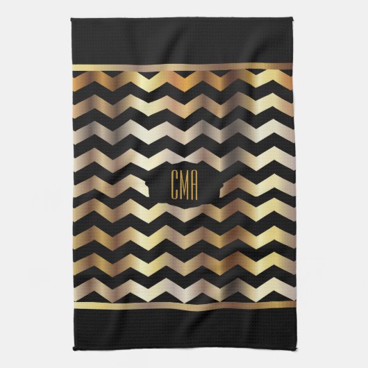 Monogram Metallic Gold & Black Stripe Chevron Theedoek (Verticaal)