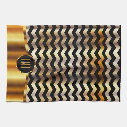Monogram Metallic Gold & Black Stripe Chevron Theedoek (Horizontaal)