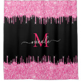 Monogram Metallic Hot Pink Glitter Drip op zwart Douchegordijn (Voorkant)