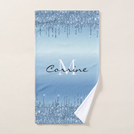 Monogram Metallic Ice Blue Dripping Glitter Bad Handdoek (Handdoek)