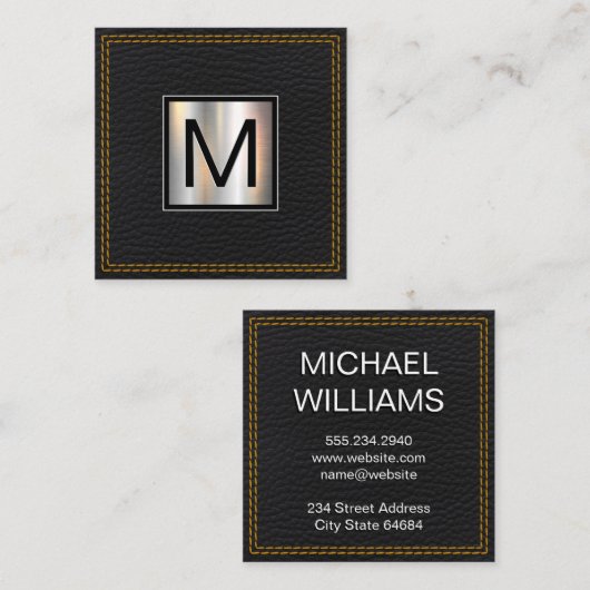 Monogram Metallic | Leer Zwart Dubbel Gestikt Vierkante Visitekaartje (Voorkant / Achterkant)