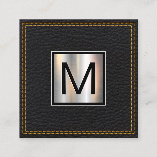 Monogram Metallic | Leer Zwart Dubbel Gestikt Vierkante Visitekaartje (Voorkant)