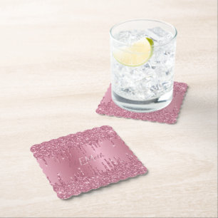 Monogram Metallic Roze Dripping Glitter Girly Kartonnen Onderzetters