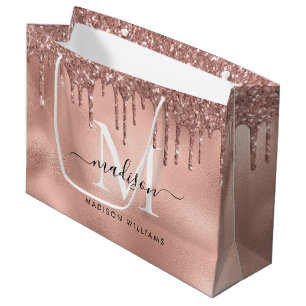 Monogram Metallic Roze Goud Roze Glitter Drips Groot Cadeauzakje