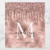 Monogram Metallic Roze Goud Roze Glitter Druppels Wijn Etiket (Enkel label)