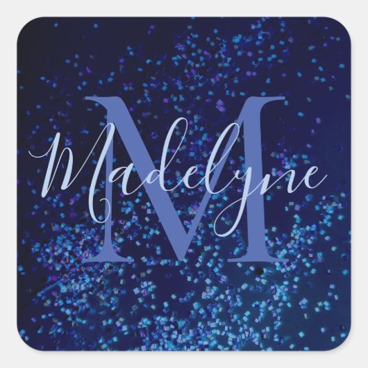 Monogram Midnite Blue Confetti Vierkante Sticker (Voorkant)