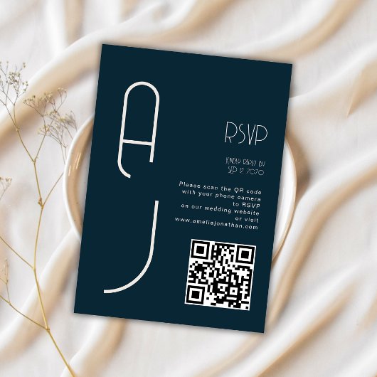 Monogram Minimal Wedding Qr Code Navy RSVP  Kaartje