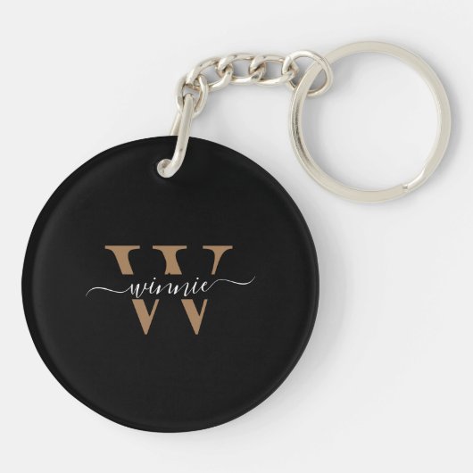 Monogram Minimale Elegante Zwart Gouden Script Naa Sleutelhanger (Achterkant)