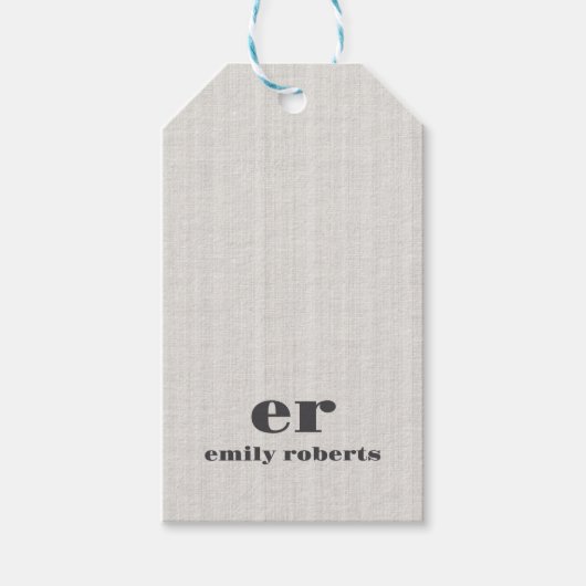 Monogram Minimalistic White Burlap Gray Typography Cadeaulabel (Voorkant)