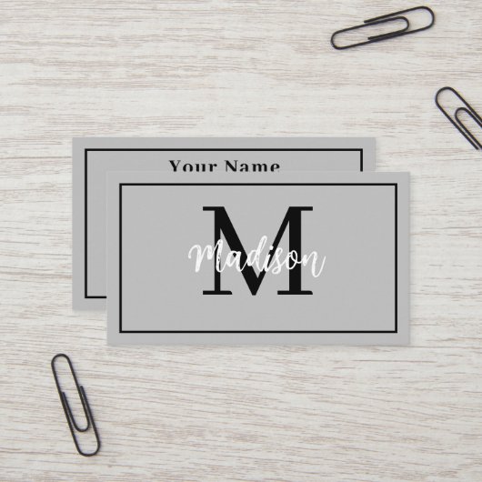 Monogram minimalistisch Modern Gray en Zwart Visitekaartje (Voorkant / Achterkant in situ)
