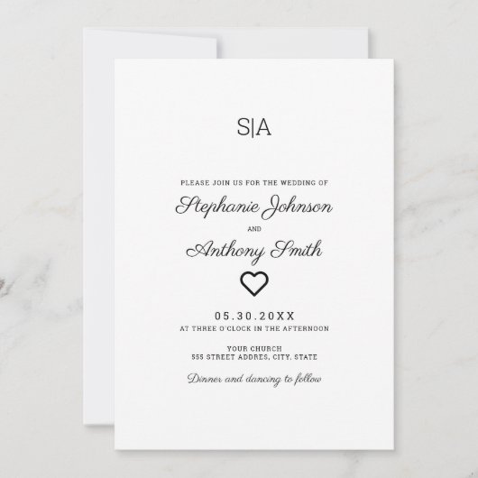 Monogram Minimalistisch Zwart-wit Heart Weddenscha Kaart (Voorkant)
