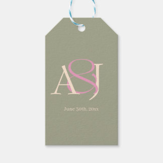 Monogram Minimalistische Saliegroen & Roze Trouwda Cadeaulabel