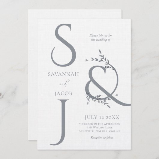 Monogram minimalistische witte en zilveren moderne kaart (Voorkant / Achterkant)