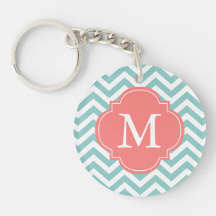 Monogram Mint & Coral Zigzag Pattern Sleutelhanger