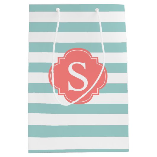 Monogram Mint en Coral Stripes Medium Cadeauzakje (Voorkant)