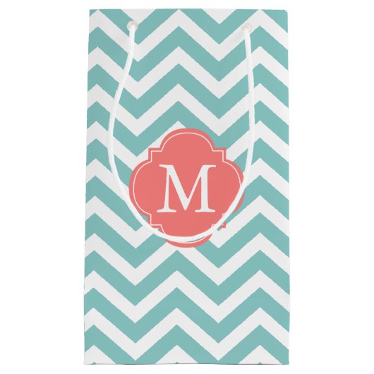 Monogram Mint en Koraal Zigzag Patroon Klein Cadeauzakje (Voorkant)
