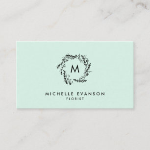 Monogram Mint Green en Black Floral Wreath Visitekaartje