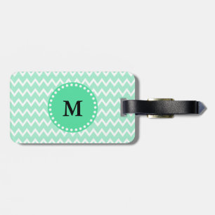 Monogram Mint Green en White Chevron Pattern Bagagelabel