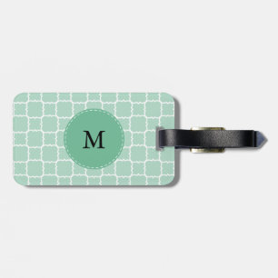 Monogram Mint Green en White Quatrefoil Pattern Bagagelabel