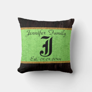Monogram Mint Green Rustic Burlap Linen Wood Kussen