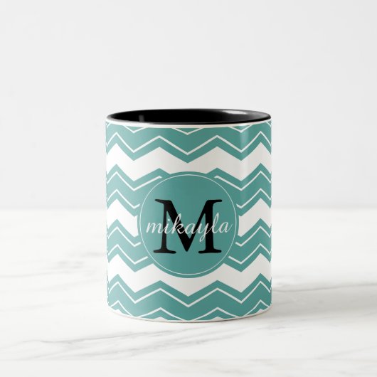 Monogram minty chevron tweekleurige koffiemok (Center)