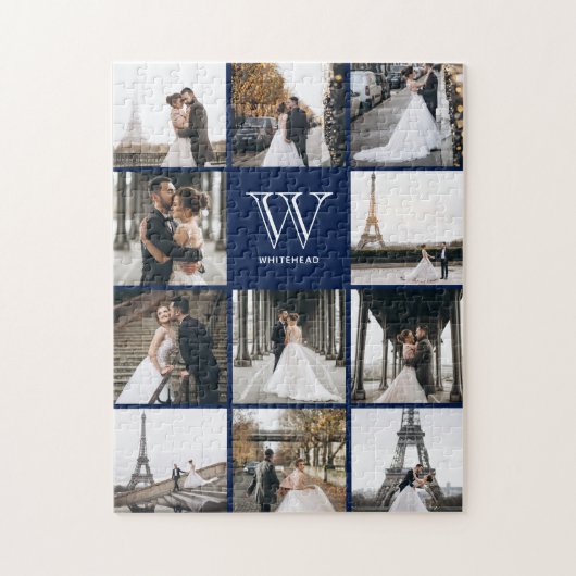 Monogram Modern 9 Foto Collage Navy Blue Legpuzzel (Verticaal)