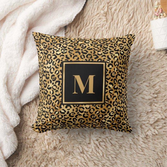 Monogram Modern Black Gold Leopard Print Kussen (Deken)