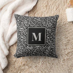 Monogram Modern Black Silver Grey Leopard Print Kussen