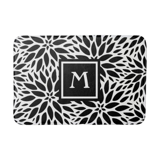 Monogram Modern Black & White Dahlias Bath Mat (Voorkant)