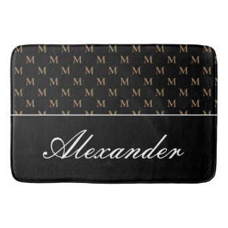 Monogram Modern Black White Gold Elegant Badmat