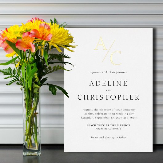 Monogram Modern Black White Gold Folie Uitnodiging