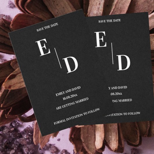 Monogram Modern Black White Wedding Save the Date Aankondiging