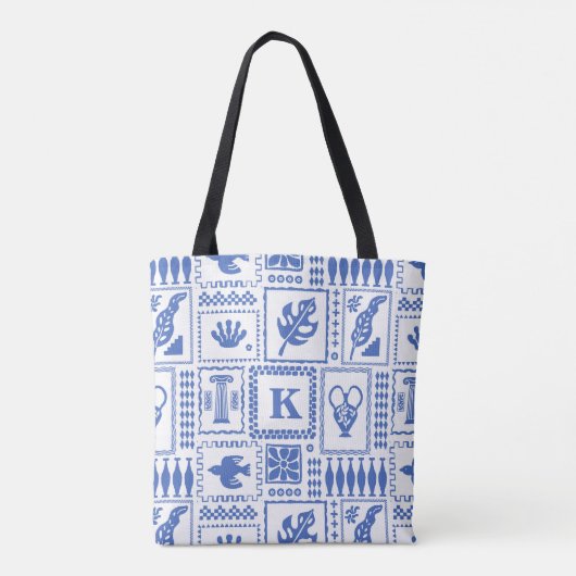 Monogram Modern Blauw Wit Abstract Patroon Draagtas (Achterkant)