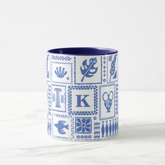 Monogram Modern Blauw Wit Abstract Patroon Mok (Midden)