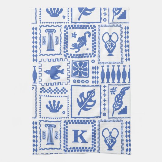 Monogram Modern Blauw Wit Abstract Patroon Theedoek (Verticaal)