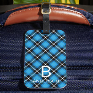 Monogram Modern Blue Black Pattern Tartan Bagagelabel