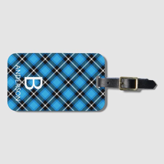 Monogram Modern Blue Black Pattern | Tartan Bagagelabel (Voorkant (horizontaal))
