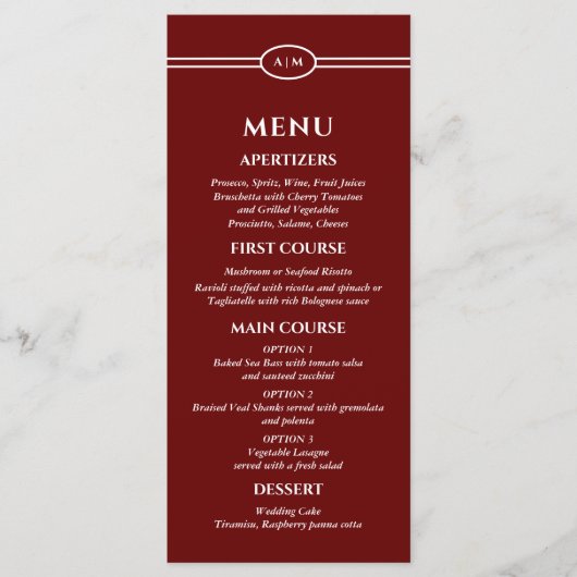 Monogram Modern Burgundy Christian Wedding Menu (Devant)