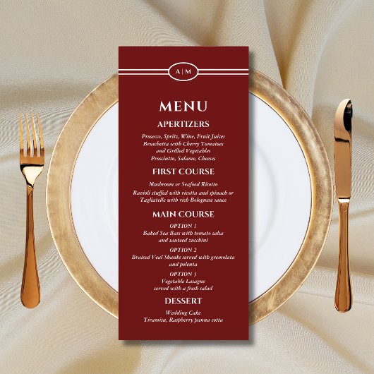 Monogram Modern Burgundy Wedding Menu