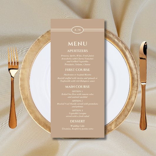Monogram Modern Cream Taupe Wedding Menu