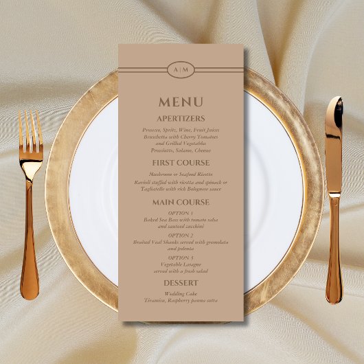 Monogram Modern Cream Taupe Wedding Menu