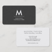 Monogram Modern Dark Grey Linen Faux Patroon Visitekaartje (Voorkant / Achterkant)