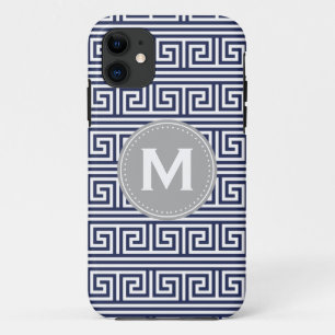 Monogram modern donker blauw Grieks sleutelpatroon iPhone 11 Hoesje