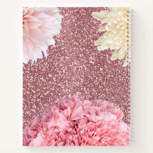 Monogram modern glitter met roze en witte floraal notitieboek (Achterkant)