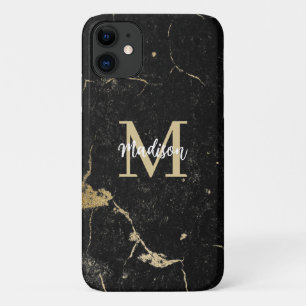 Monogram Modern Gold Black Marmer iPhone 11 Hoesje