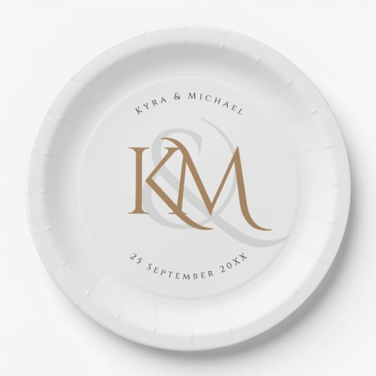 Monogram Modern Gold Script Elegant White Wedding Papieren Bordje (Voorkant)