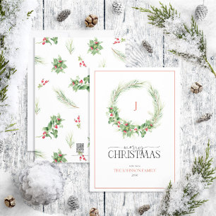 Monogram Modern Holly Berry Wreath Merry Kerstmis Feestdagenkaart