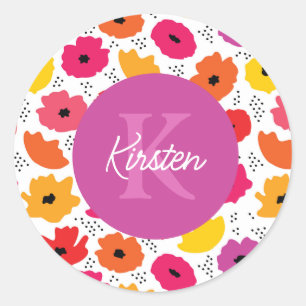 Monogram Modern Klaproos Bloempatroon Script Naam Ronde Sticker
