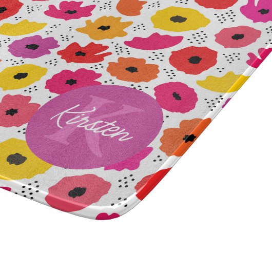 Monogram Modern Klaproos Bloempatroon Script Naam Snijplank (Hoek)