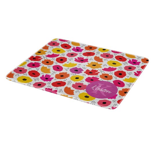 Monogram Modern Klaproos Bloempatroon Script Naam Snijplank (Hoek)